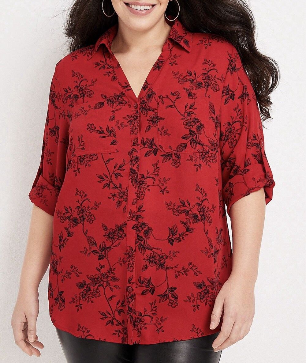 Maurices Winona Floral Button Down Blouse Red Black Roll Tab Sleeve Plus Sz 2X